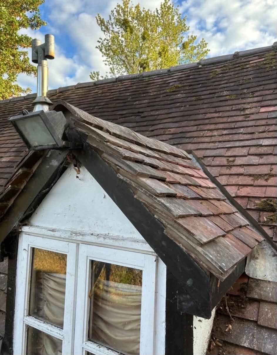 Weathered dormer and mossy roof tiles